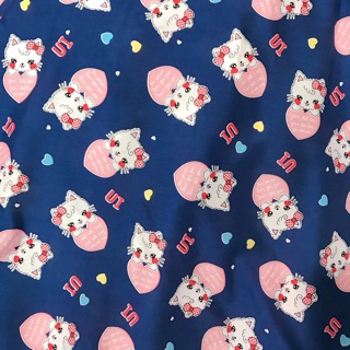 Vải tole, vải lanh hình mèo Kitty nền xanh đậm