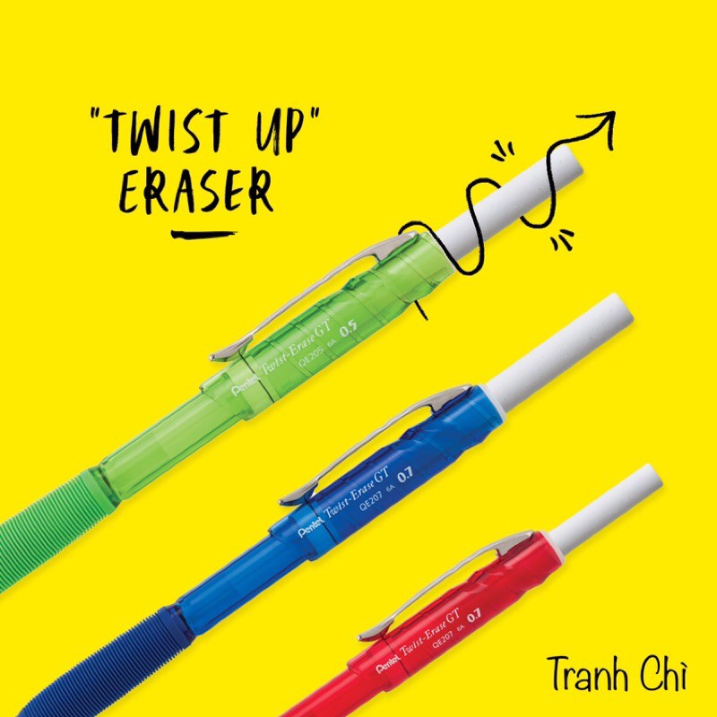 Bút chì kim bấm Pentel Twist Erase GT 0.7mm QE207 Nhật Bản gôm vặn cực dài, viết chì kim bấm