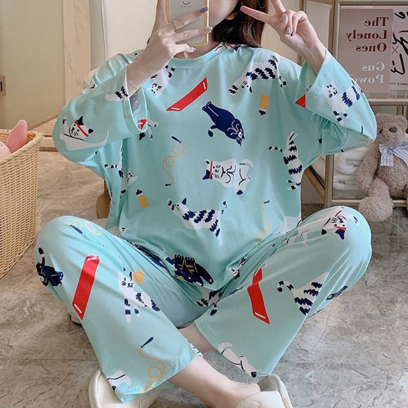 Ladies Casual Loose Cute Cotton Cartoon Print Long Sleeve 2-Piece Set