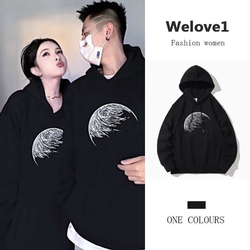 Áo Hoodie Tay Dài Dáng Rộng Màu Đen In Họa Tiết Phong Cách Mỹ