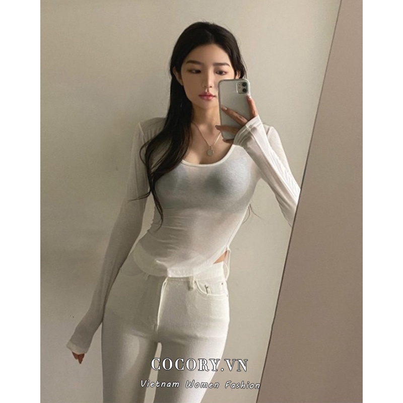 Cocory vn Áo Croptop Tay Dài Cổ Chữ U Màu Trơn Hợp Thời Trang Cho Nữ