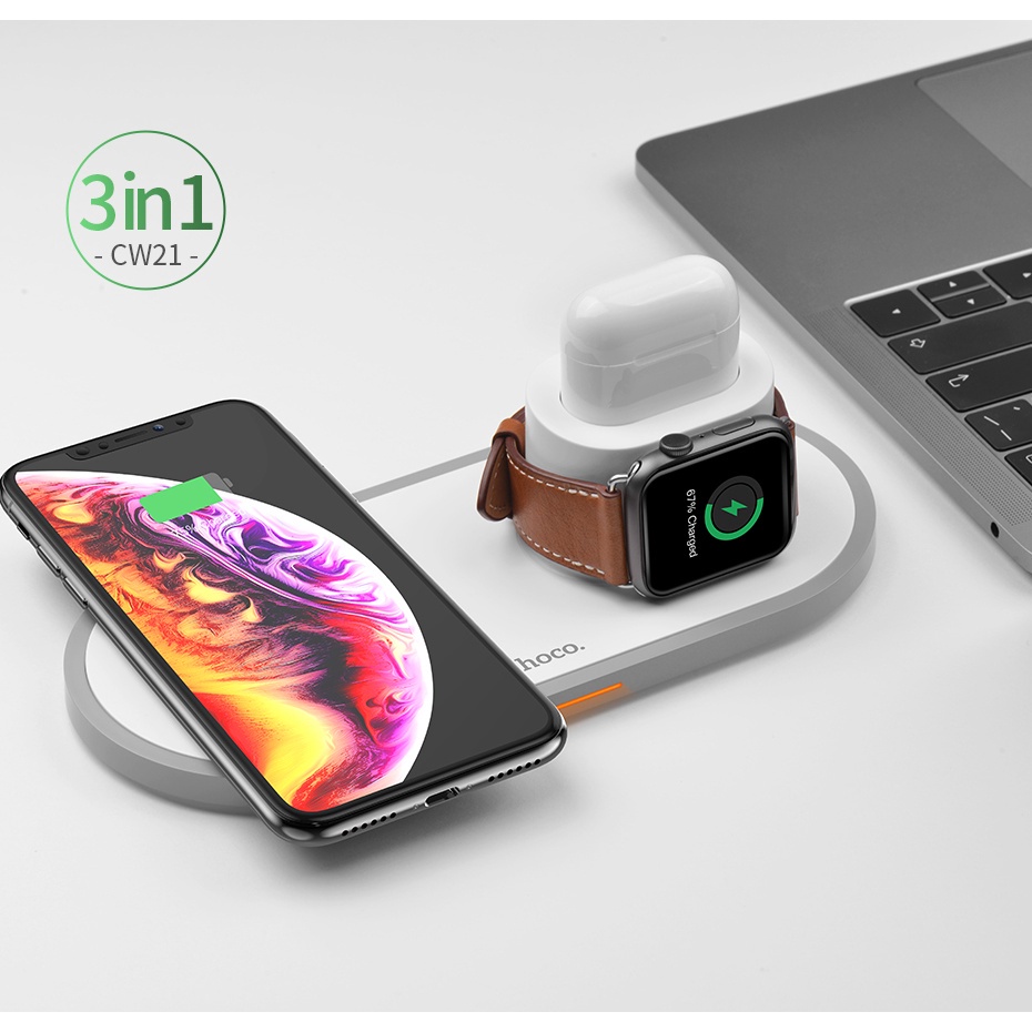 Đế sạc nhanh HOCO. CW21 Qi không dây 3 trong 1 10W thích hợp cho iPhone 11 Pro X XS Max XR 4 3 2 Samsung S10