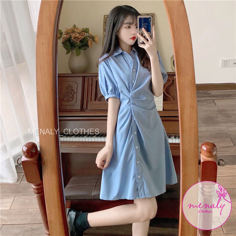 Váy sơ mi thắt eo tay bồng VH056, mẫu váy nhún eo sơ mi dáng ngắn ôm dáng thanh lịch nhẹ nhàng, 3 màu | BigBuy360 - bigbuy360.vn