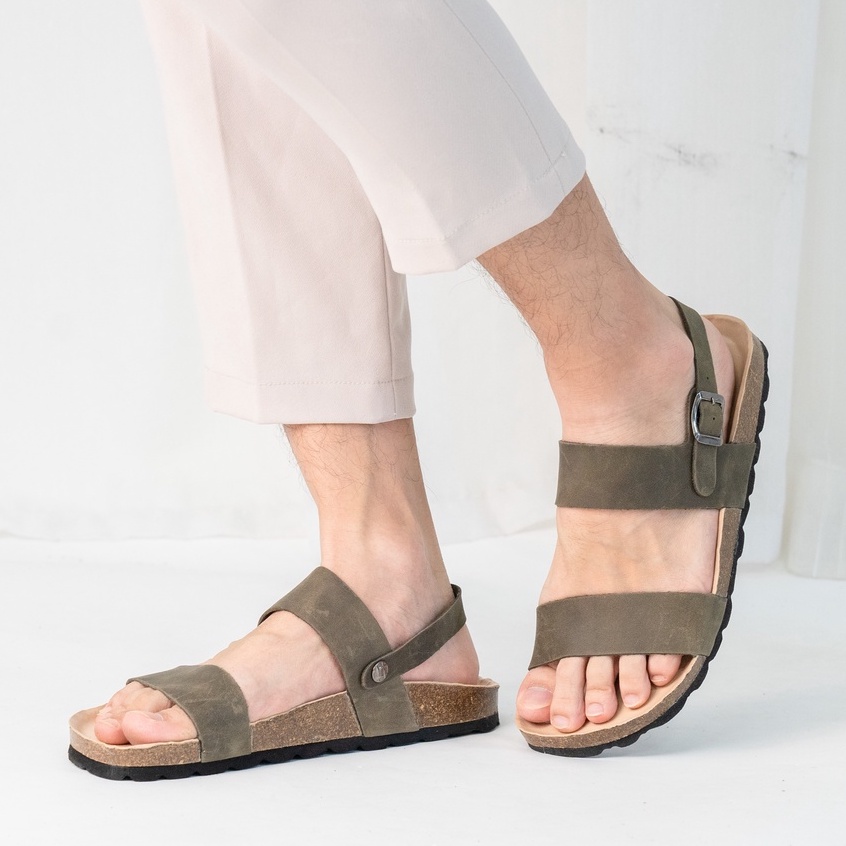 ( Mẫu Da Thật ) D15 - Sandal Birken Đế Trấu BIOLINE Official Thiết Kế Unisex Hai Quai Ngang Da Bò