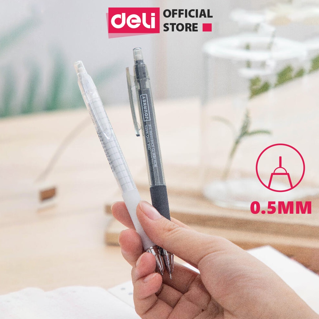 Bút chì kim bấm học sinh Deli - ngòi 0.5mm/0.7mm màu đen/trắng có đệm bảo vệ tay khi cầm dùng cho văn phòng, nhà trường