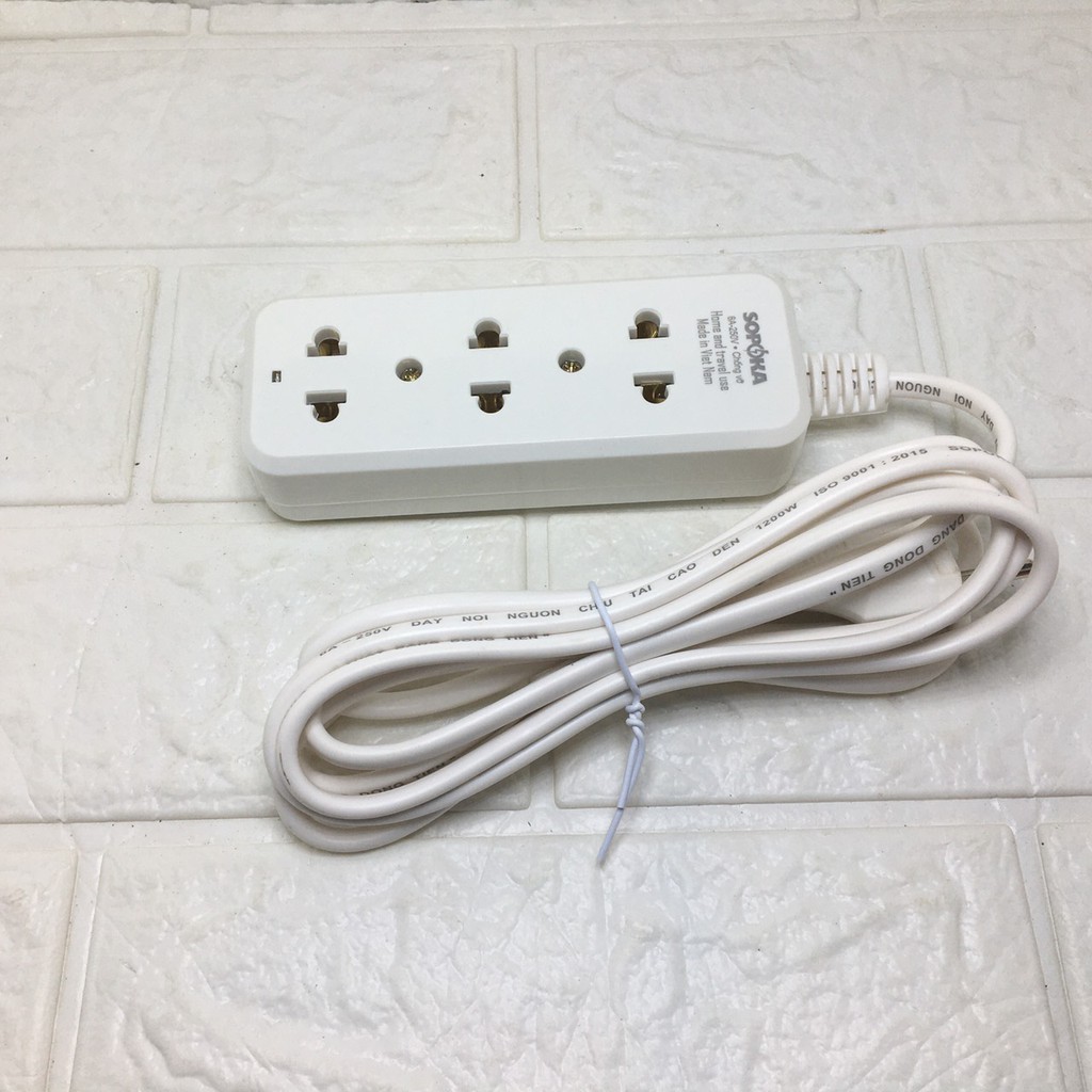 Ổ cắm 3 liền dây dài 3B3, 3B5 SOPOKA dây dài 2.5m và 4.5m chịu tải 1200w dùng gia đình cắm quạt, sạc điện thoại