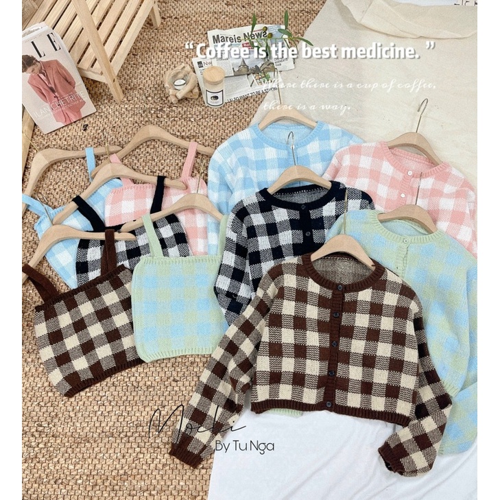 Set áo len khoác ngoài kèm áo 2 dây kẻ caro - 5 màu