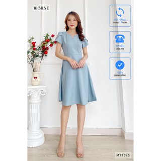 Đầm cổ đính 2 nút bọc tay búp sen BEMINE MT1575XANH