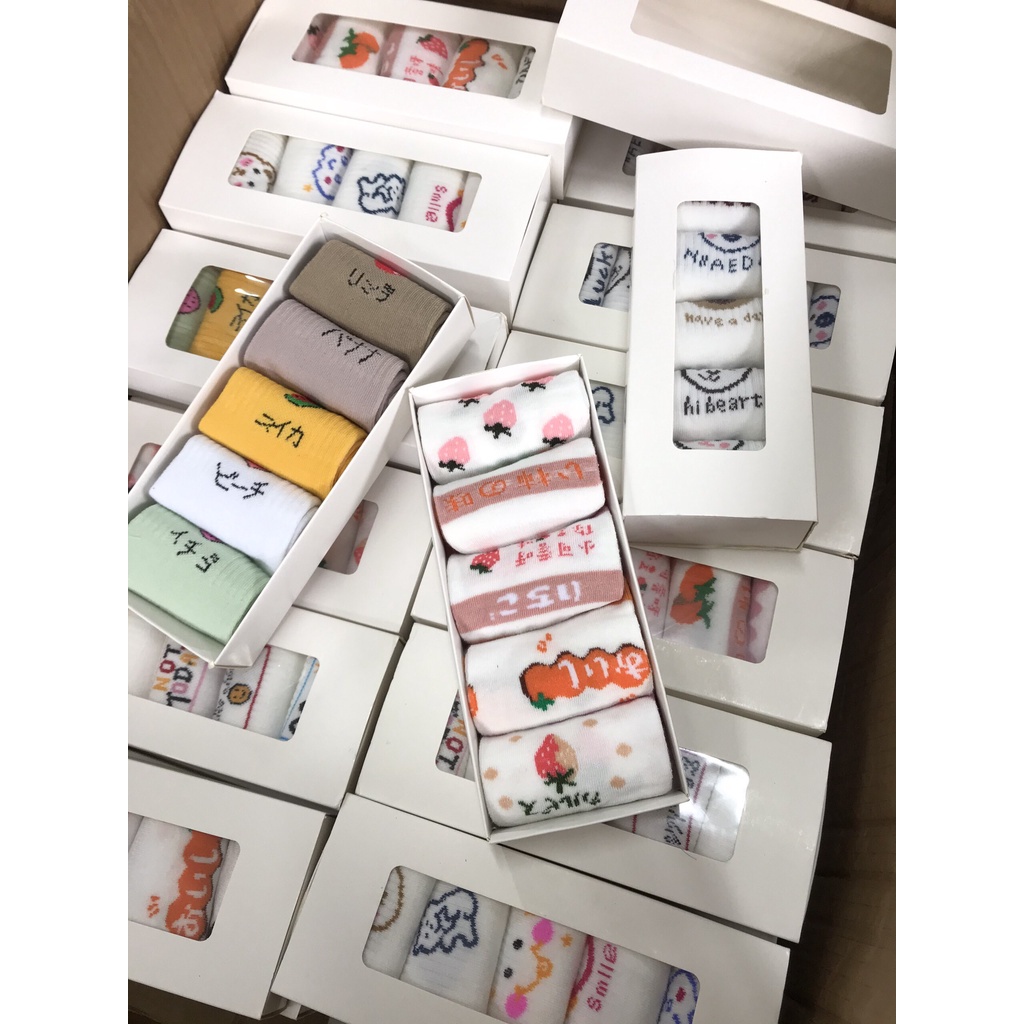 Set 5 Tất cổ cao, vớ cổ cao Liastore nữ trắng họa tiết xinh xắn cotton co giãn Hàn Quốc
