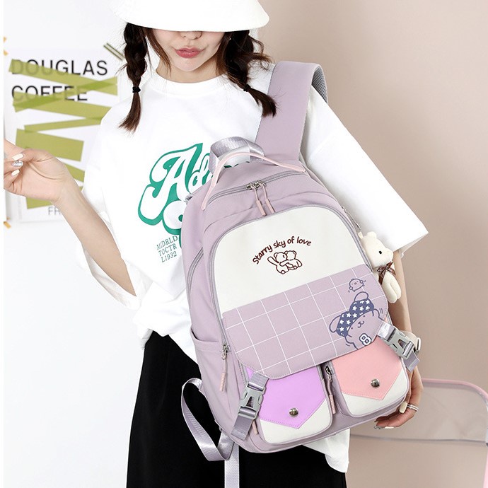 Balo Ulzzang Hàn Quốc Nam Nữ Chống Nước, Balo Đi Học Cho Học Sinh Lớp 4-5, Cấp 2, Cấp 3, Sinh Viên Tặng Kèm Móc Gấu