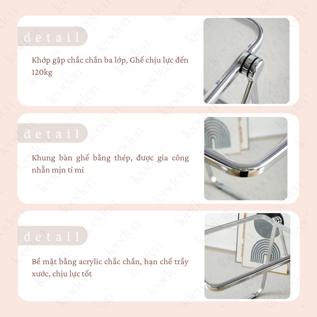 Bàn ghế trong suốt acrylic gấp gọn chịu lực 100 kí cao cấp phong cách Hàn Quốc, bàn tròn tulip đẹp