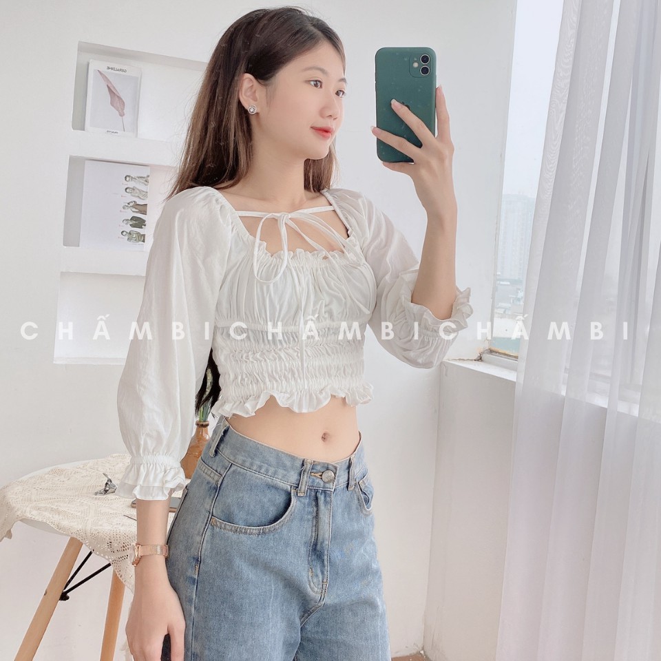 [SALE] Áo croptop ôm A.170, áo kiểu croptop hàn quốc cổ vuông chun ngực bo cực sang chảnh