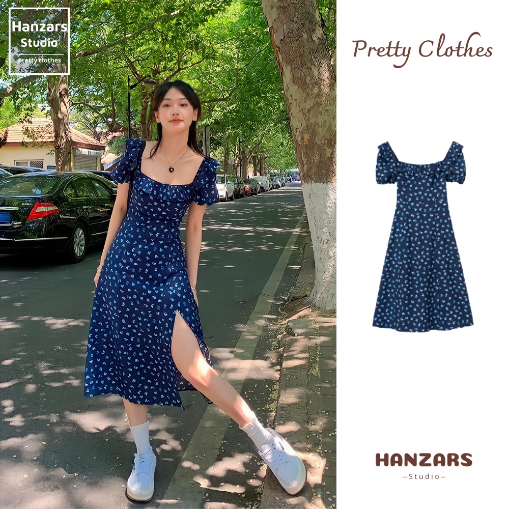 Váy Hoa Nhí Xẻ Tà Trễ Vai Dáng Chữ A Nhún Lưng Có Lớp Lót Style Ulzzang Hanzars.studio 26