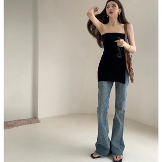 Set áo ống cúp ngực quần jean quần bò ống loe tôn dáng cho nữ