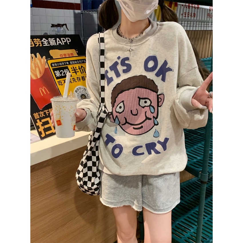 Áo Nỉ Dài Tay Cổ Tròn Form Rộng In Họa Tiết Hoạt Hình Cho Nữ | BigBuy360 - bigbuy360.vn