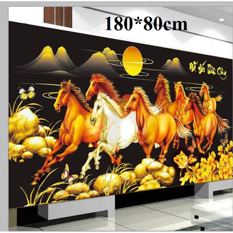 Tranh thêu chữ thập mã đáo thành công ngựa nền đen 180x80cm