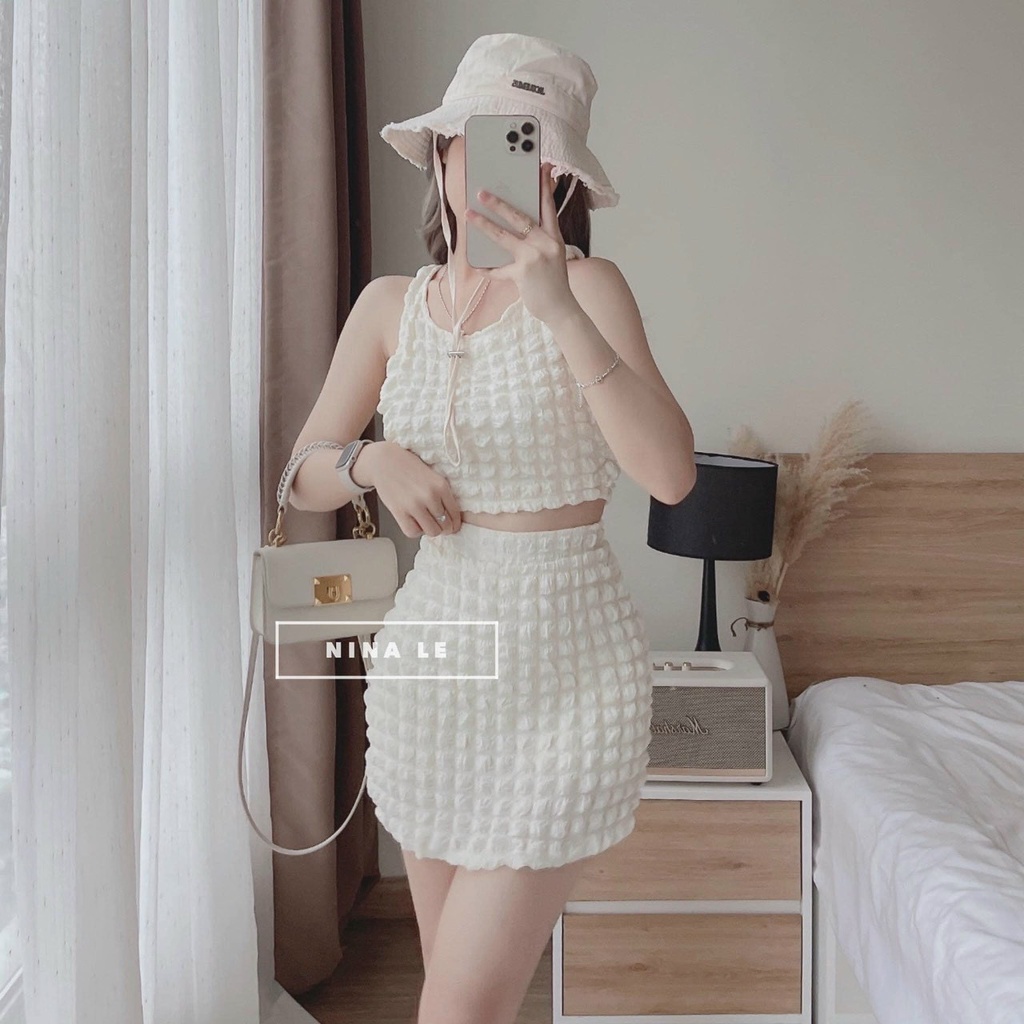 Set đầm váy áo croptop không tay kèm chân váy ôm body cực tôn dáng phong cách tiểu thư