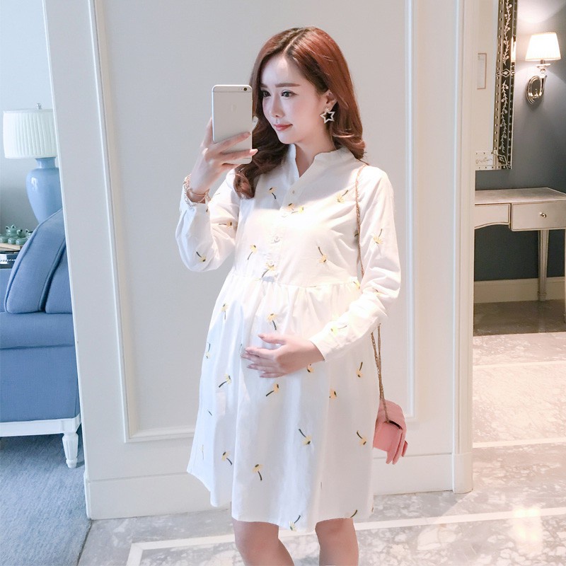 Đầm Bầu Rộng Tay Dài Bằng Vải Lanh Cotton Thêu Hoa Size M-XXL