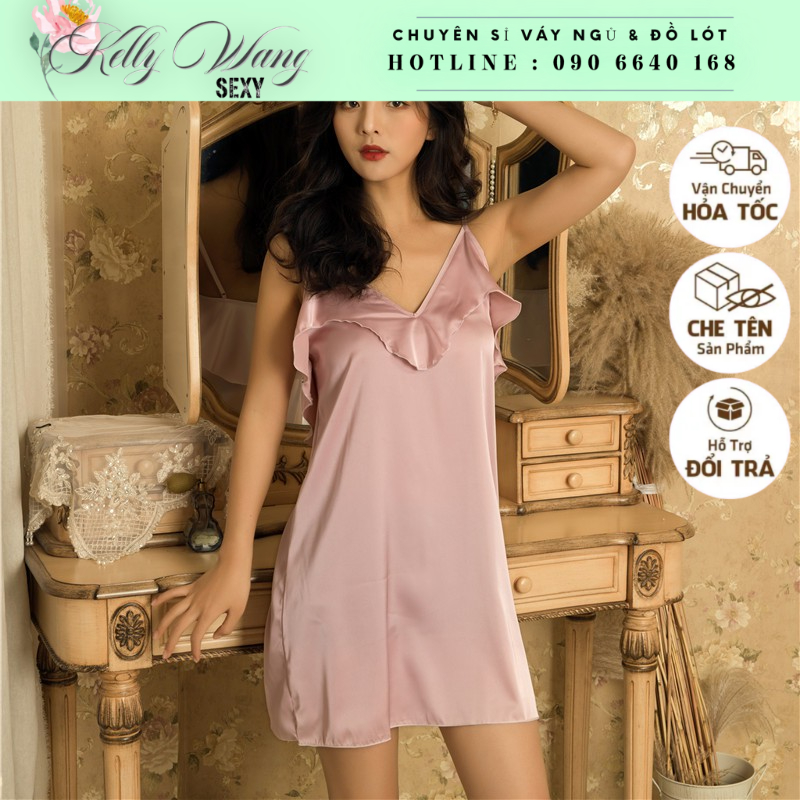 Váy ngủ lụa KELLY WANG sx165 đắp bèo lụa satin cao cấp - đầm ngủ lụa satin