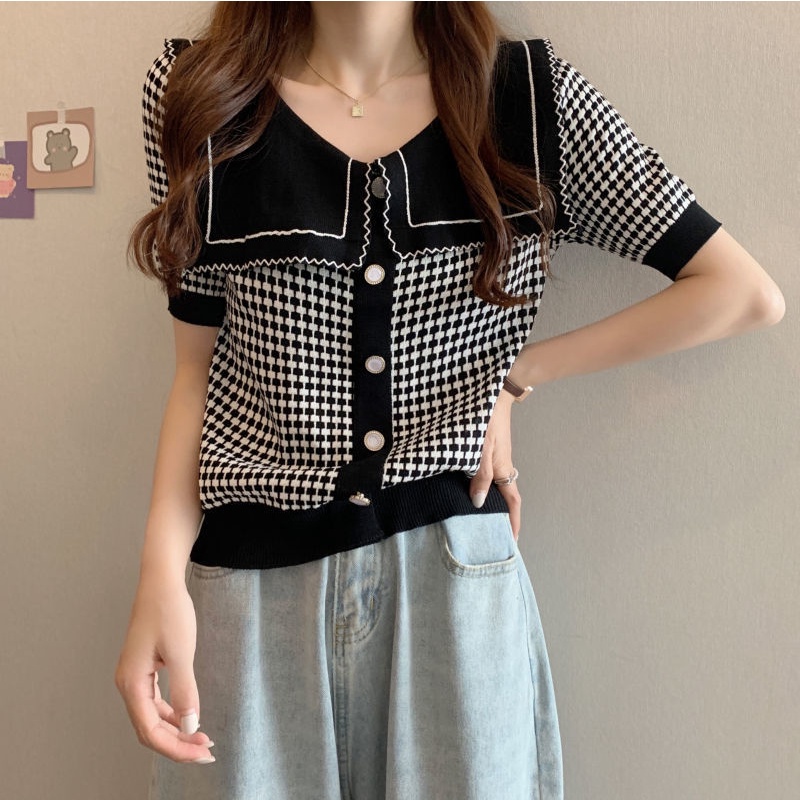 Áo sweater IELGY ngắn tay ngắn dáng rộng cổ thủy thủ in caro phong cách Hàn Quốc cho nữ