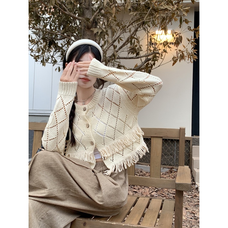 Áo cardigan ZHELIHANGFEI dệt kim tay dài lưng cao thiết kế tua rua phong cách thời trang