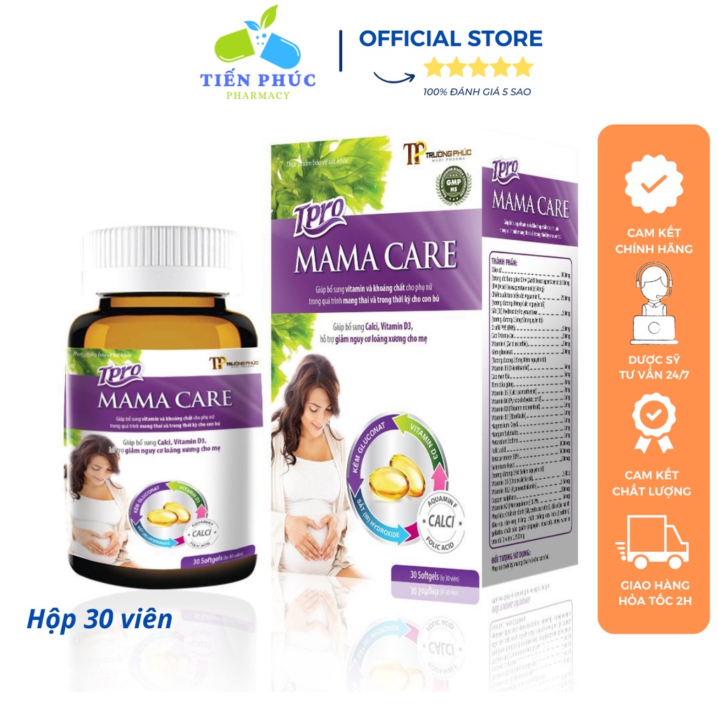 Mama Care - Viên uống bổ sung vitamin tổng hợp cho bầu - Bổ sung canxi, sắt, DHA giúp thai nhi phát triển Hộp 30 viên