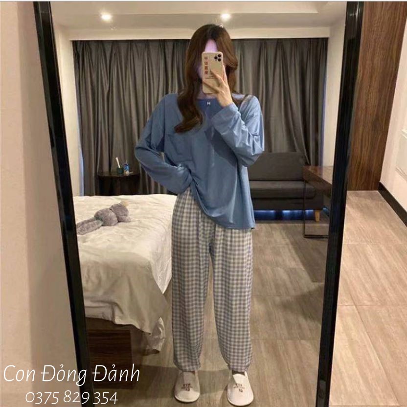 [Mã giảm 20k] BỘ ĐỒ NGỦ MẶC NHÀ DÀI TAY COTTON TRƠN KÈM QUẦN CARO THU ĐÔNG HOT 2021 DN015 CHẤT thun mềm | BigBuy360 - bigbuy360.vn