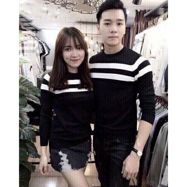 Áo len cặp nam nữ dài tay màu đen phối sọc trắng cao cấp