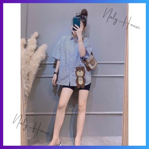 Áo Sơ Mi Nữ Ngắn Tay Kẻ Sọc Hình Gấu Dễ Thương Form Oversize Dáng Rộng