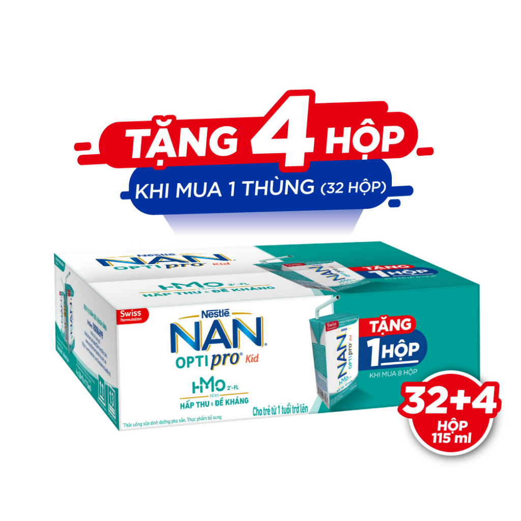 Thùng 36 Hộp Sữa Dinh Dưỡng Pha Sẵn NESTLE NAN OPTIPRO Kid 115ml/Hộp ( 4x(9x115ml) ) - Mua 8 tặng 1