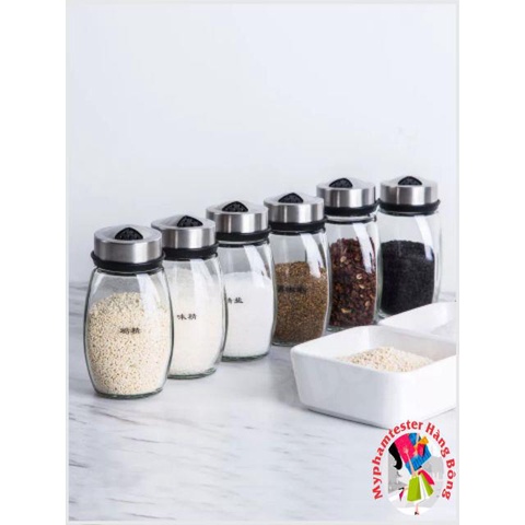 Set 6 lọ gia vị thủy tinh kèm giá đỡ xoay 360 độ