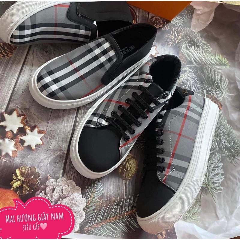 Giày burberry buộc dây kẻ đen , giày lười slipon burberry kẻ đế cao su kèm hộp