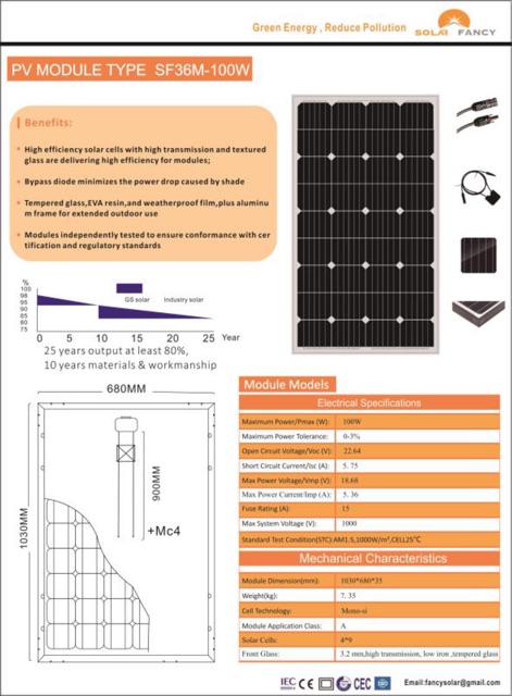 Pin Năng Lượng Mặt Trời Solarfancy MoNo CHÍNH HÃNG 100w hiệu suất cao