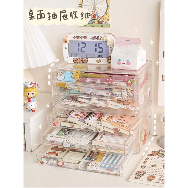 Tủ lưu trữ để bàn trong suốt, hộp lưu trữ acrylic ngăn kéo decor bàn học kèm sticker