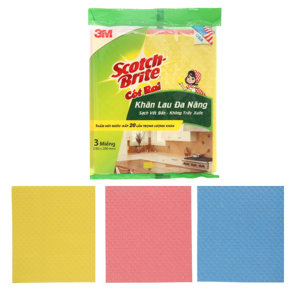 Gói 3 Miếng Khăn Lau Đa Năng Scotch-Brite 3M 18x20cm – Sạch Vết Bẩn, Không Trầy Xước – Thấm Hút Gấp 20 Lần Trọng Lượng