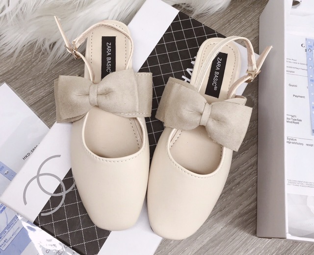 Sandal nơ bóng hở gót 2 màu kem và đen siêu đẹp