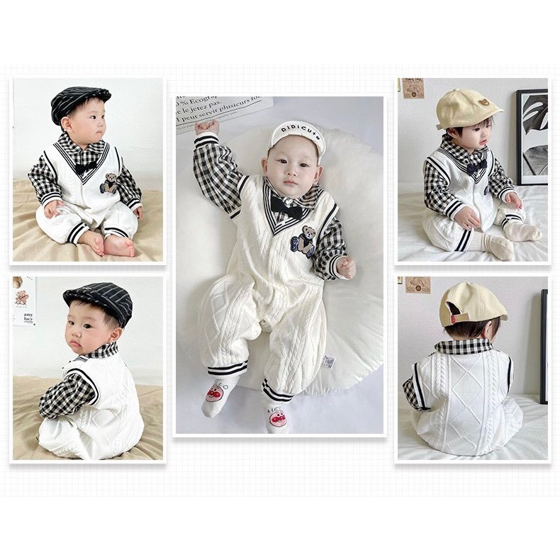 Body gấu len công tử thêu gấu xinh yêu cho bé trai