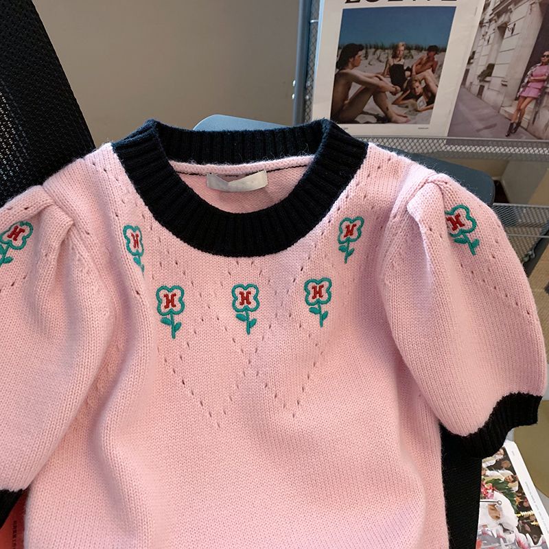 Áo Sweater Ngắn Tay Phồng Thêu Hoa Mẫu Mới 2022 Phong Cách Phương Tây