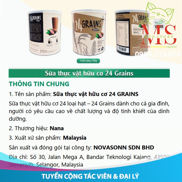 [Sản phẩm hữu cơ] Sữa thực vật hữu cơ - bột ngũ cốc hữu cơ từ mầm gạo lứt - 24 Grain/24 loại hạt vị chocolate hộp 700g