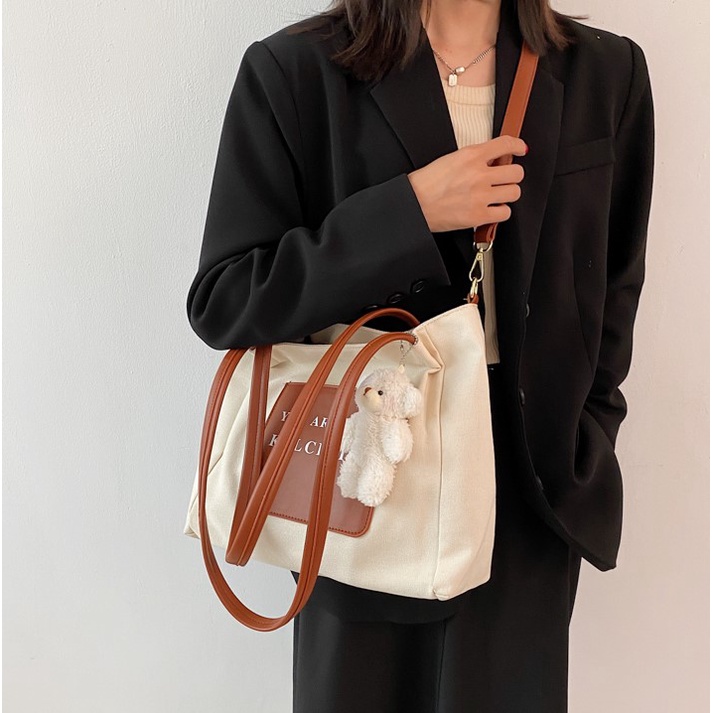 Túi tote vải cavan - túi xách nữ đeo vai, size to, phong cách vintage, retro - Tặng kèm móc khóa gấu - TX017