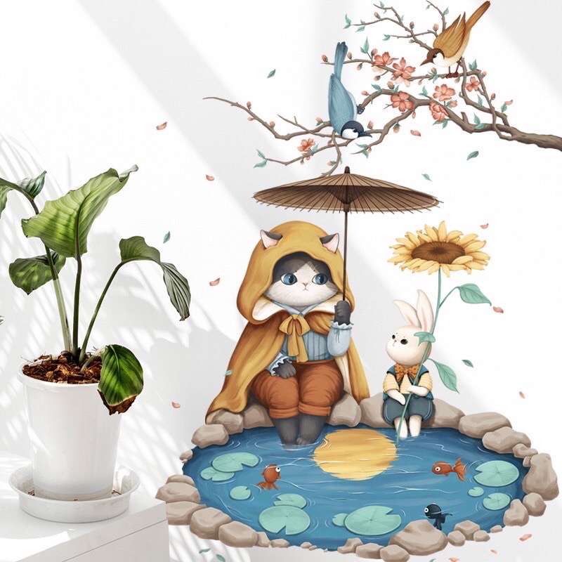 Tranh dán tường, Decal dán tường mèo ngồi bên bể cá.