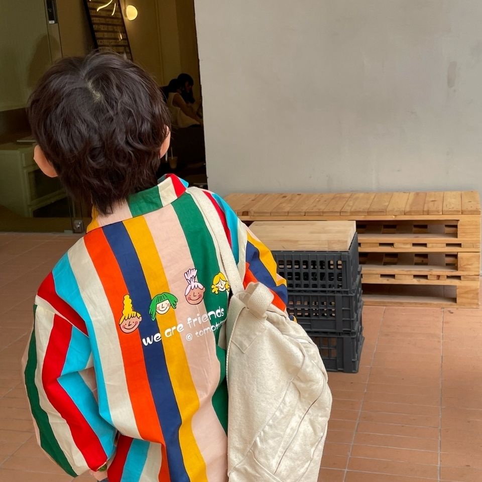 Áo Sơ Mi Tay Dài Kẻ Sọc Cầu Vồng Phong Cách Hàn Quốc Thời Trang Mùa Xuân Mới 2022 Dành Cho Bé Trai