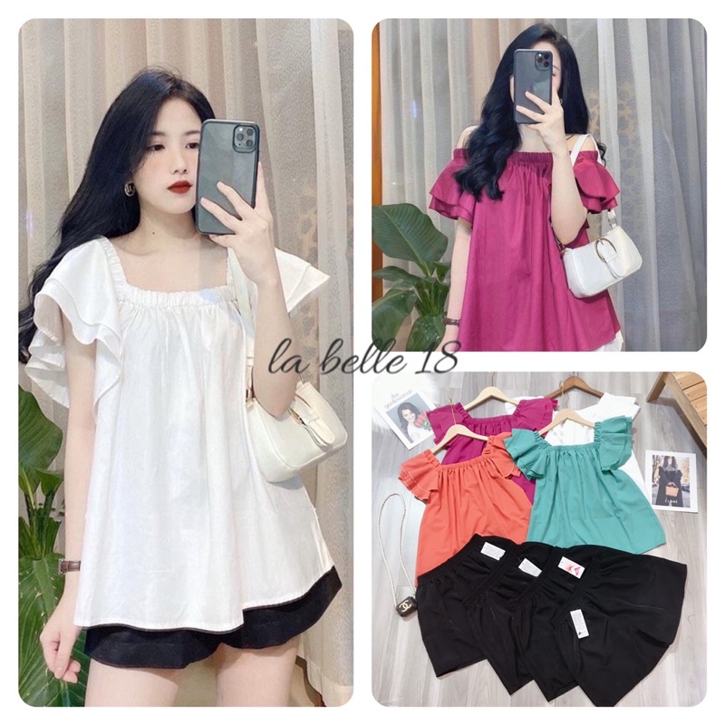 Set áo trễ vai cánh tiên bèo tầng mix quần sooc đùi chất thô lụa bệt vai