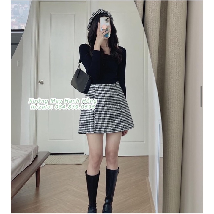 Set áo thun zip cổ vuông và chân váy ziczac kèm mũ hàng Quảng Châu
