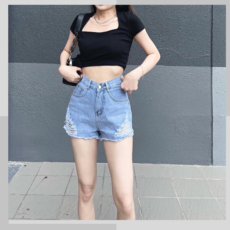 Quần short jeans nữ 4Basik, quần sọt đùi rách cạp cao tôn dáng - SJ09