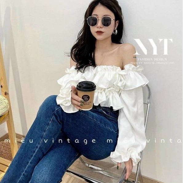 Áo bẹt vai nhún phối bèo nhiều tầng TV2 - from chuẩn