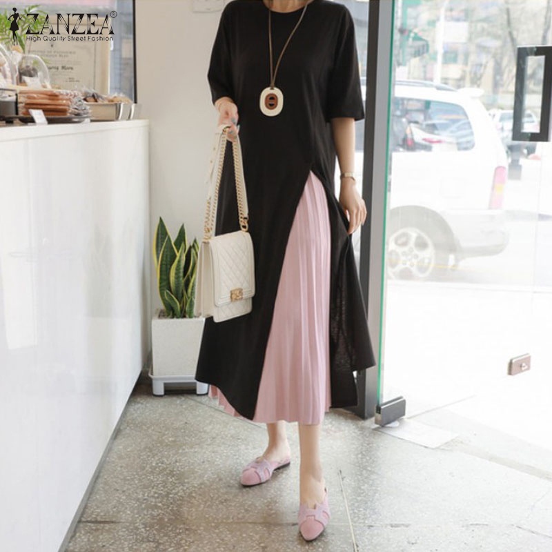 ZANZEA Áo Thun Nữ Tay Ngắn Cổ Tròn Xẻ Tà Thời Trang