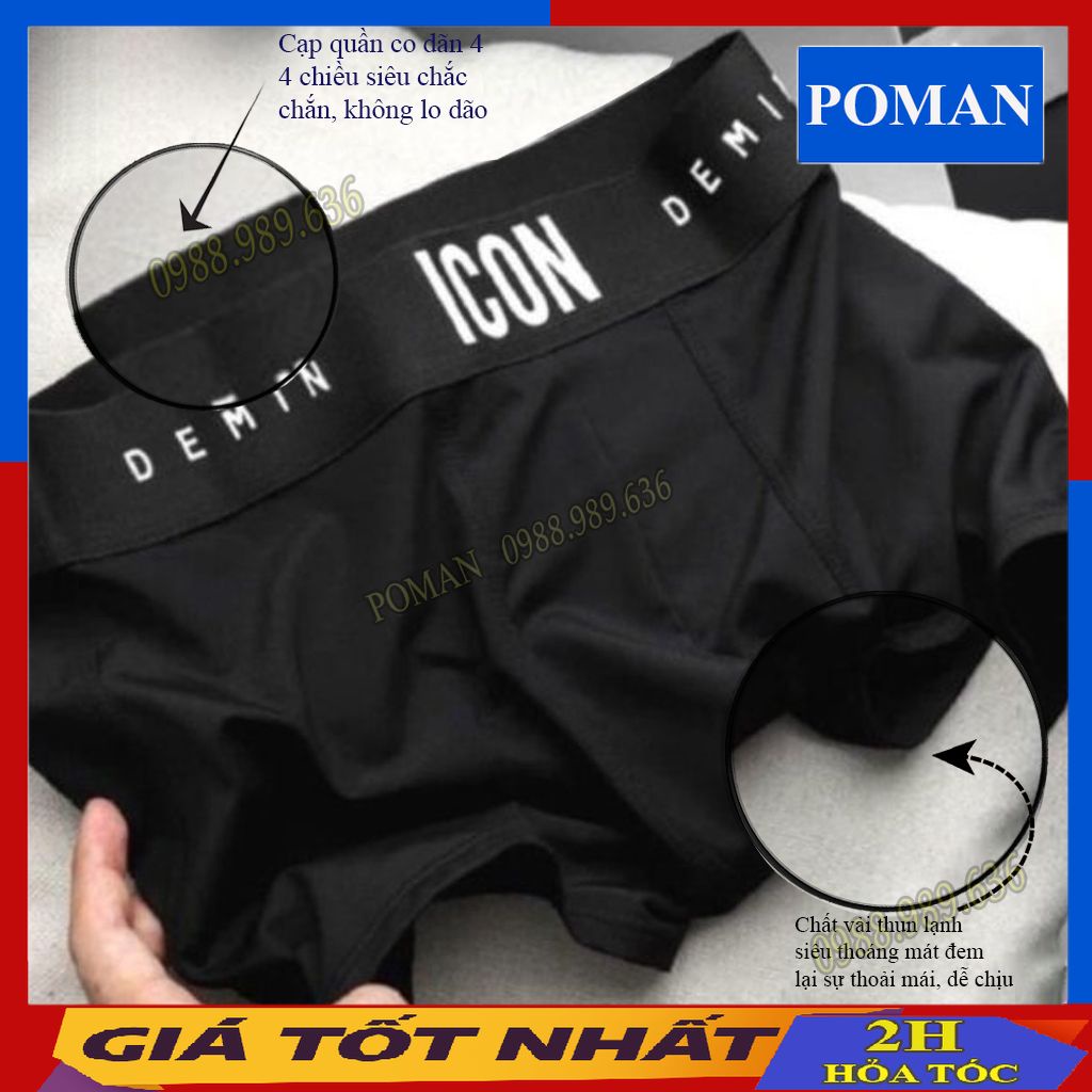 Combo 4 quần lót nam thun lạnh Boxer ICON Denim, quần sịp nam thun lạnh cạp to SI01 (Che tên) - POMAN