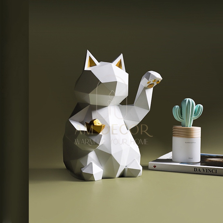 Tượng Mèo Thần Tài may mắn điêu khắc sáng tạo mô hình decor trang trí cửa hàng, phòng khách sang trọng - AM Decor