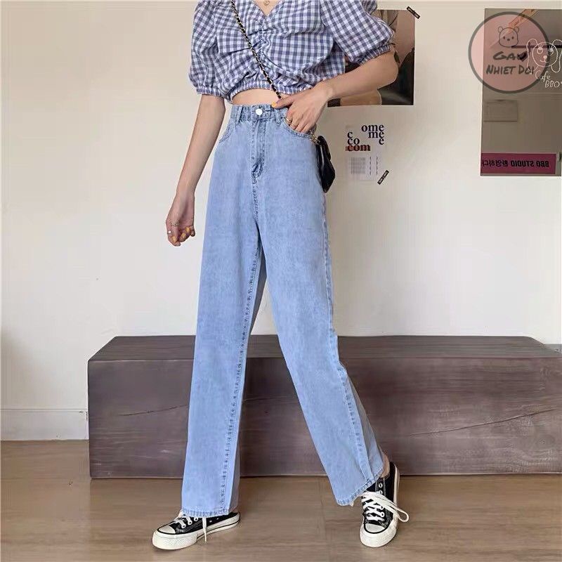 [Gấu Nhiệt Đới] Quần Jeans Trơn Nữ Dáng Dài Ống Rộng Cài Eo